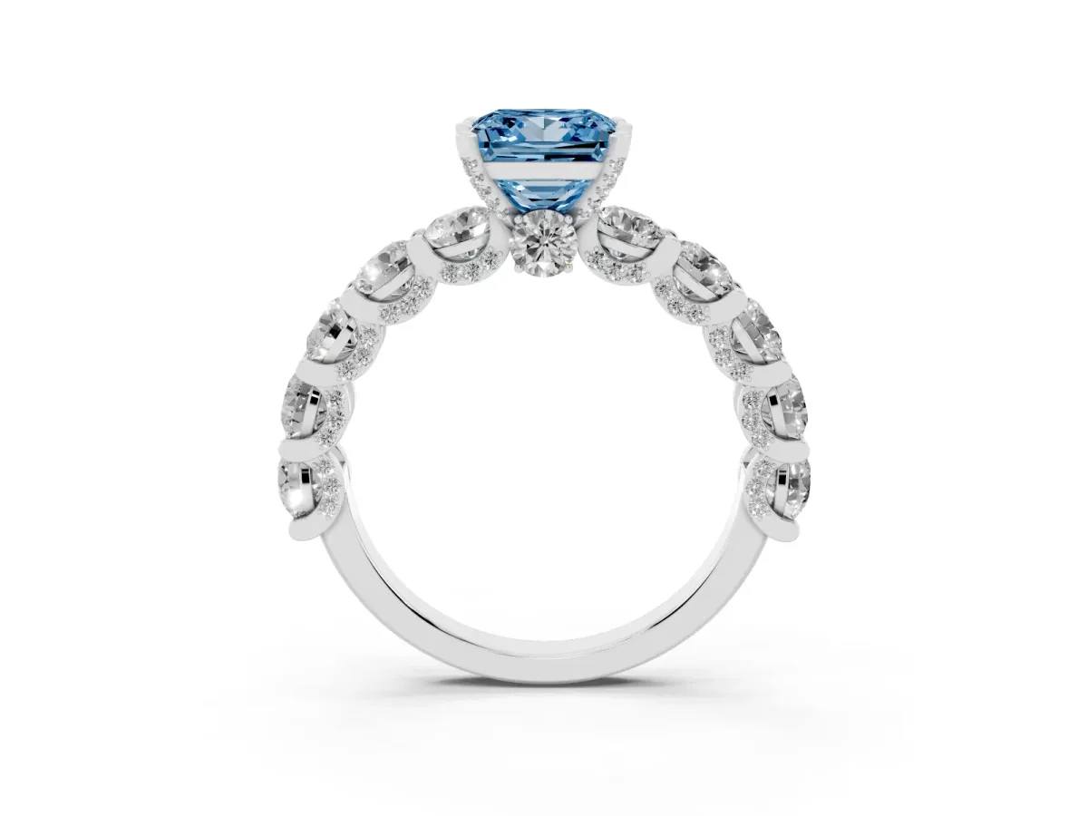 Fancy Blue Princess Cut Diamond Side Stone Engagement Ring with Four-Prong Setting Platinum