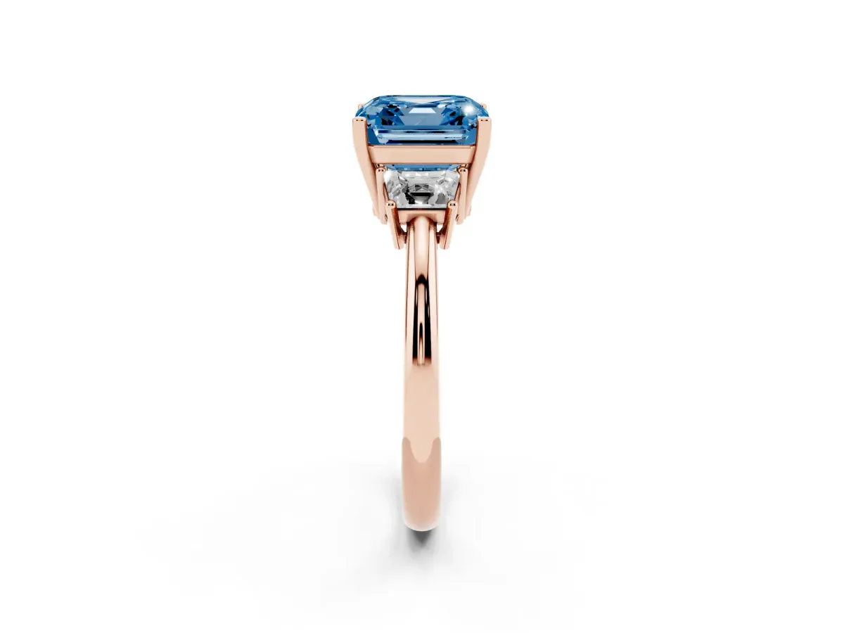 Fancy Blue Asscher Cut Diamond Three-Stone Ring with Trapezoid Side Stones and Prong Setting Rose gold
