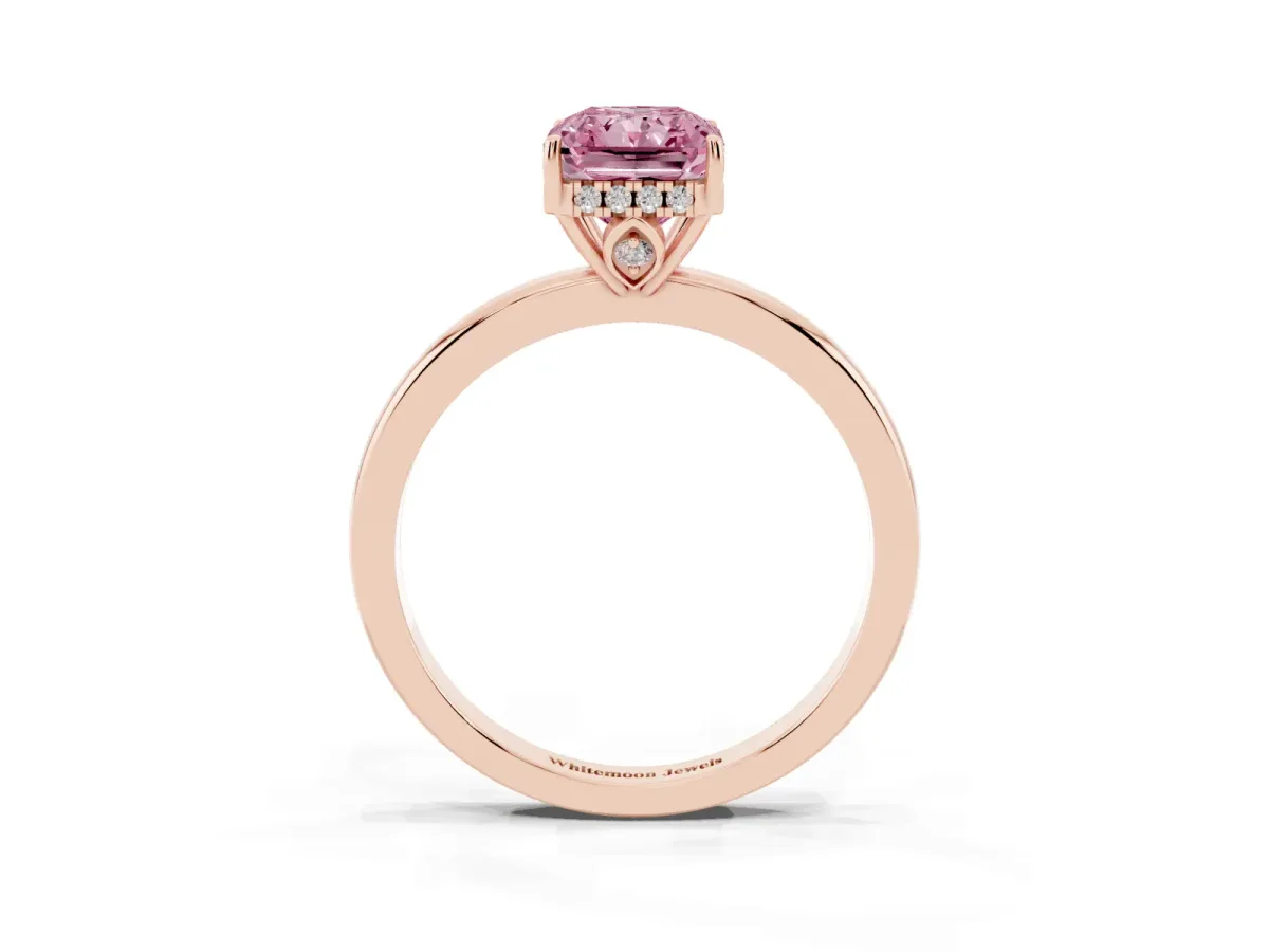 Fancy Pink Radiant Cut Solitaire Diamond Ring with Prong Setting and Plain Band Rose gold