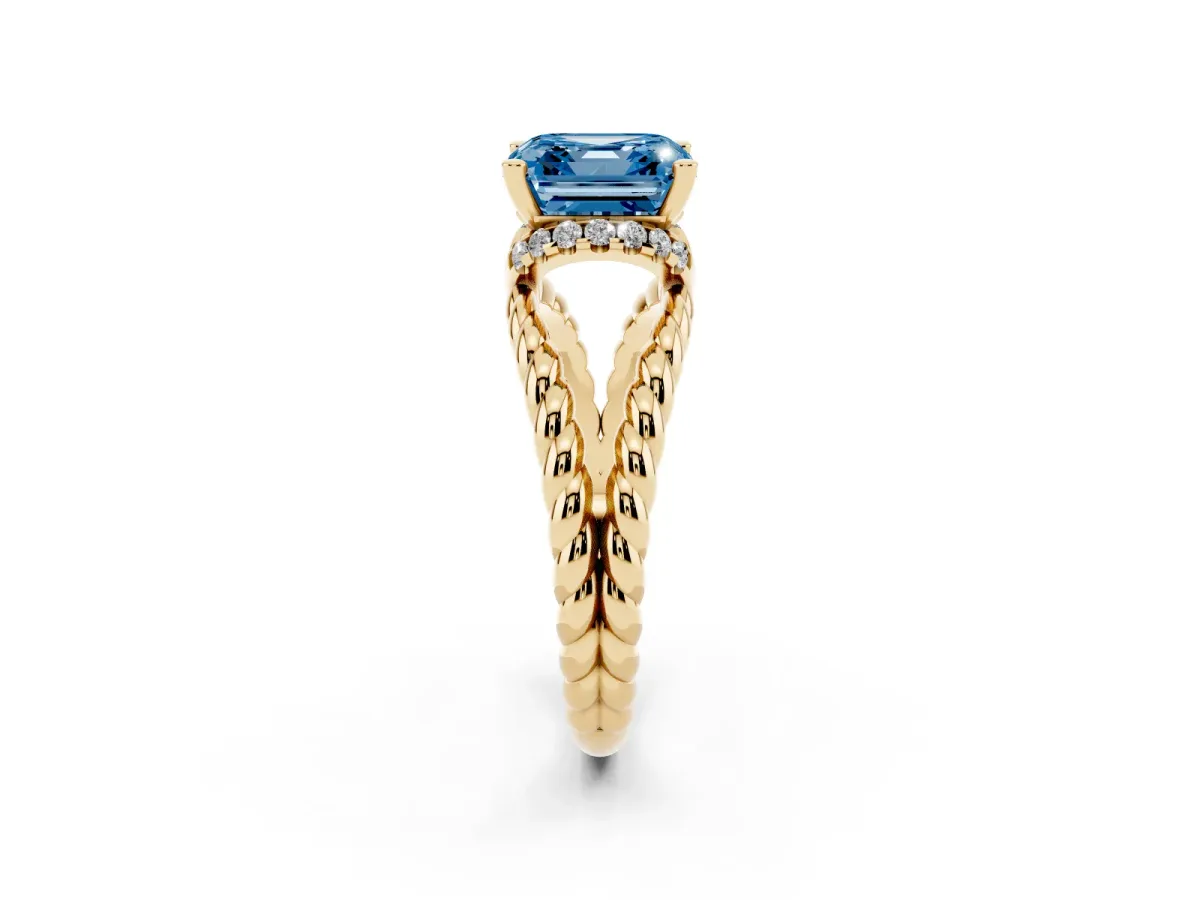 Fancy Blue Asscher Cut Halo Twisted Band Four-Prong Ring Yellow gold