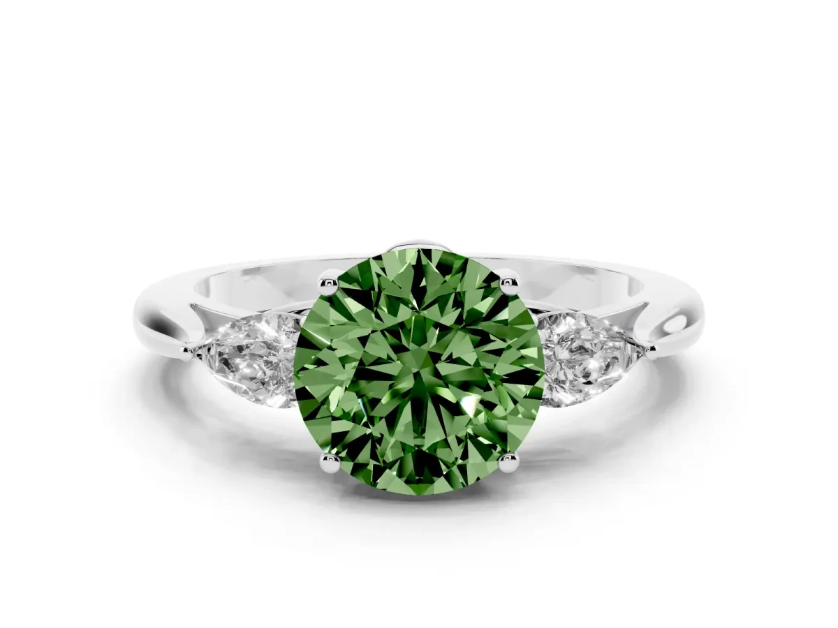 Fancy Green Three-Stone Round Cut Brilliant Diamond Solitaire Ring with Tapered Band and Four-Prong Setting White gold