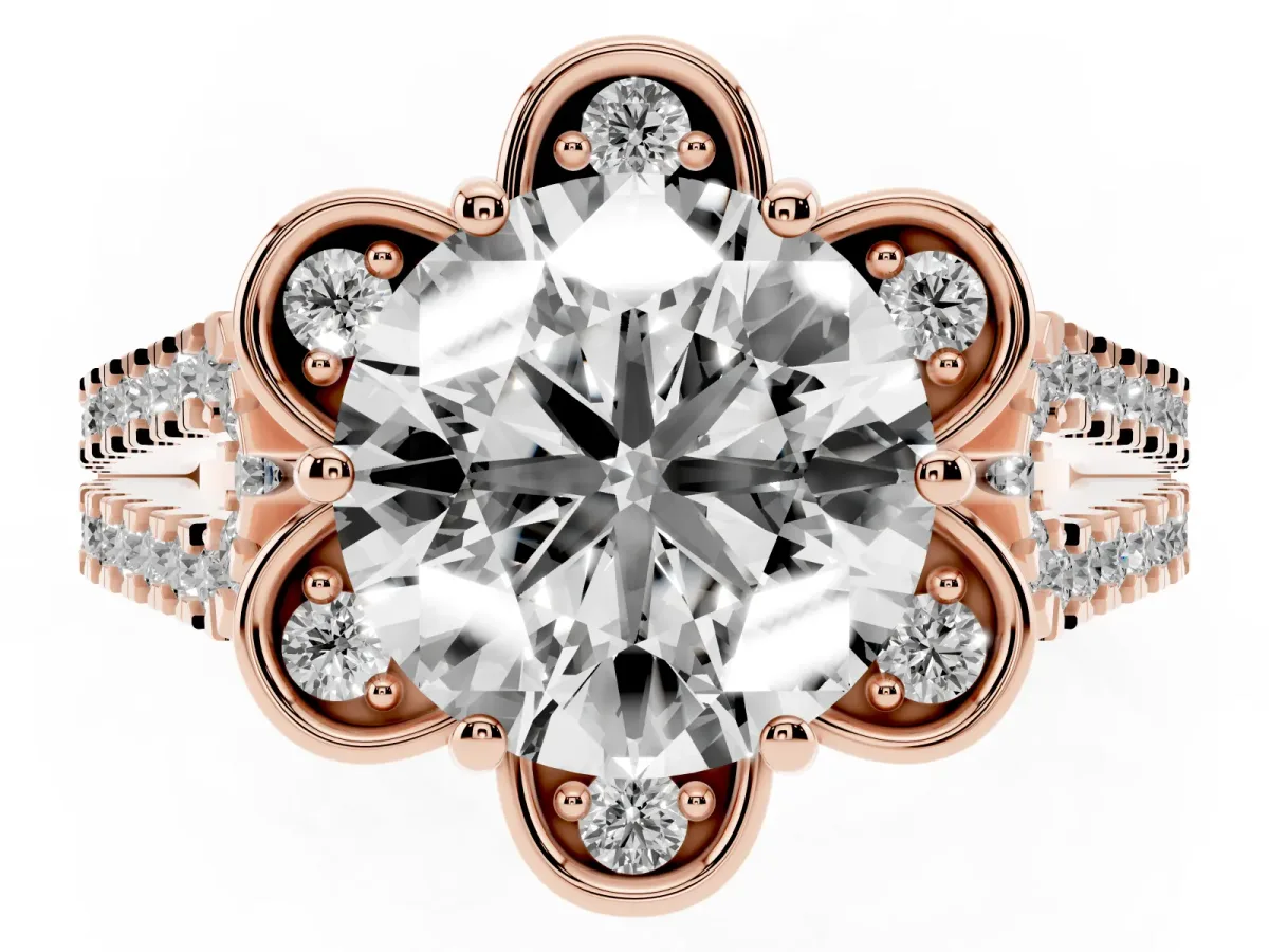 Round Cut Halo Diamond Floral Split Shank Engagement Ring Rose gold
