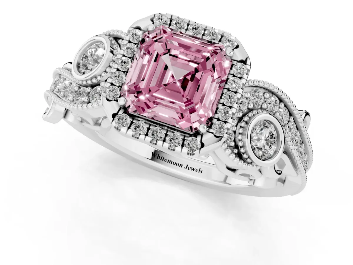 Fancy Pink Asscher Cut Halo Diamond Ring with Milgrain and Bezel Accents on a Split Shank Band Platinum