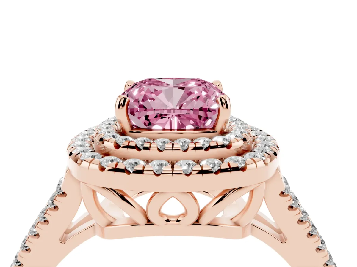 Fancy Pink Cushion Cut Diamond Double Halo Ring with Pavé Band and Prong Setting Rose gold