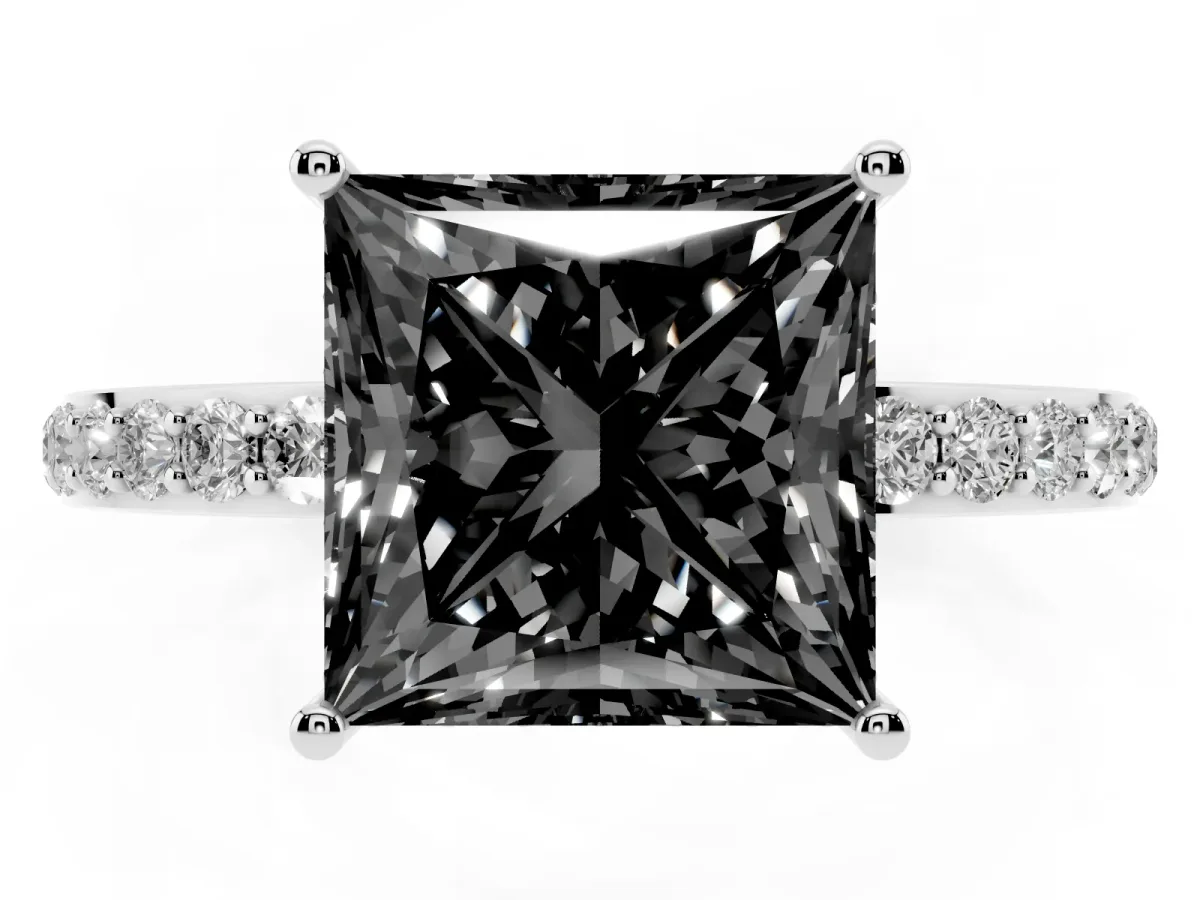 Fancy Black Princess Cut Diamond Solitaire Ring with Pavé Band and Hidden Halo Platinum