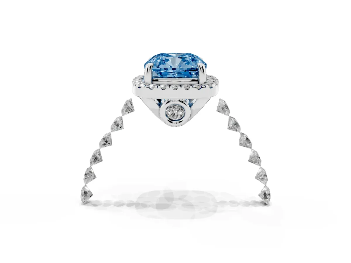 Fancy Blue Cushion Cut Halo Pavé Diamond Engagement Ring with Four-Prong Setting White gold