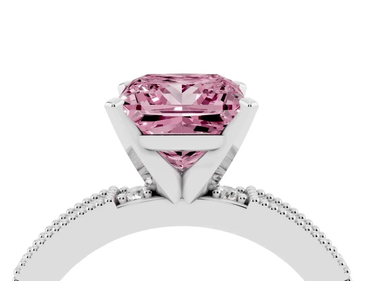 Fancy Pink Princess Cut Solitaire with Pavé Band and Four-Prong Setting Silver