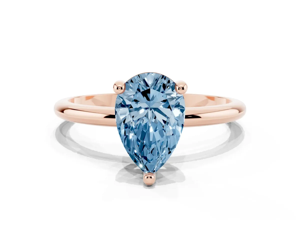 Fancy Blue Pear Cut Solitaire Diamond Ring with 4-Prong Setting on a Classic Band Rose gold