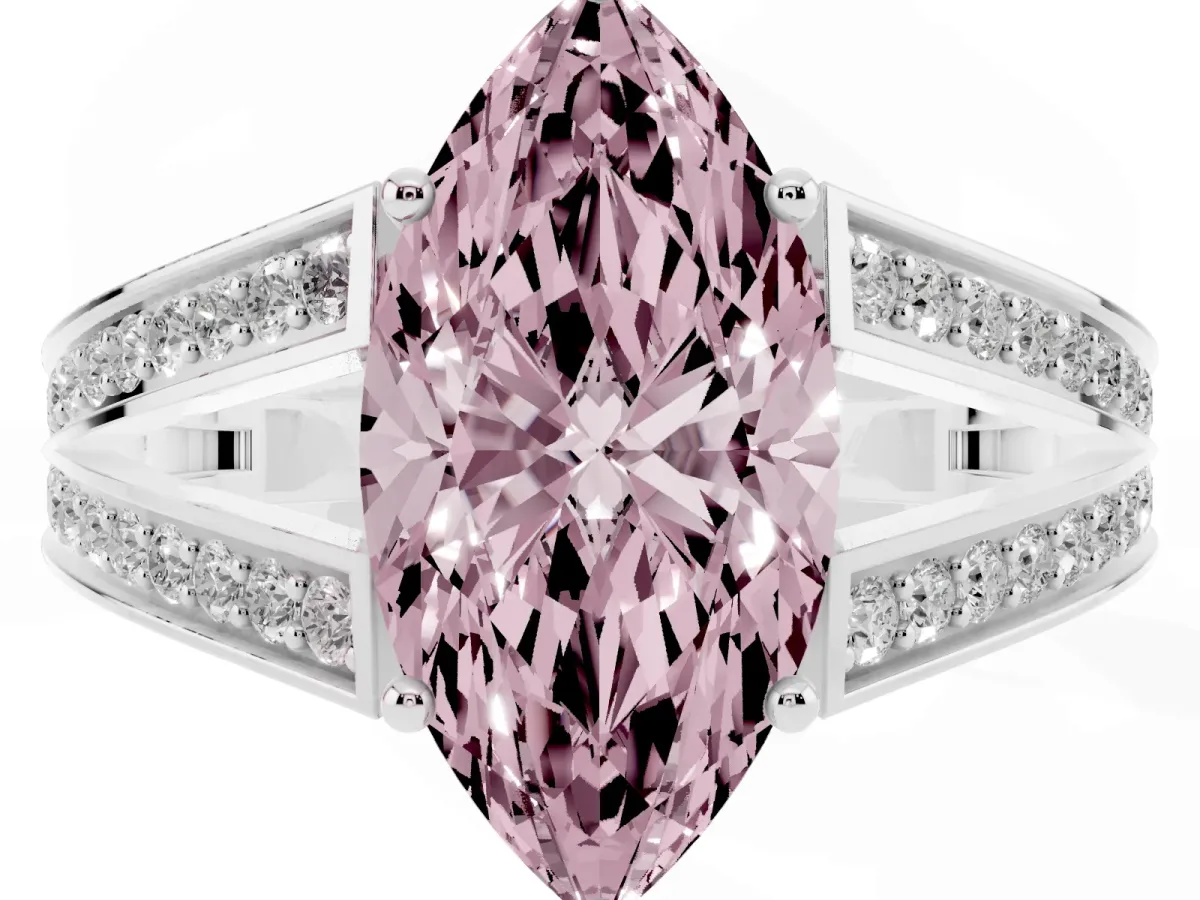 Fancy Pink Marquise Cut Diamond Split Shank Ring with Pavé Band and Four-Prong Setting Platinum