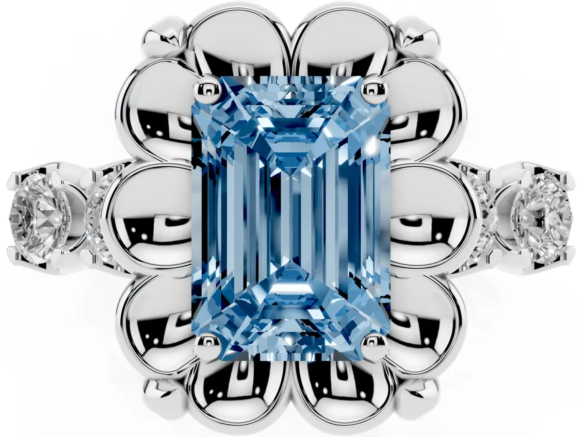 Fancy Blue Emerald Cut Cut Diamond Floral Halo Engagement Ring with Shared Prong Setting Silver