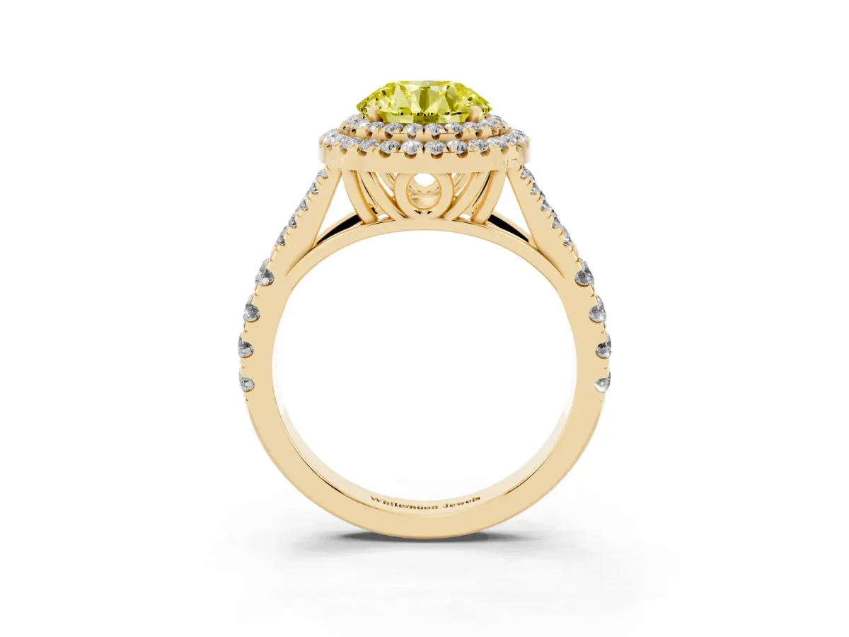 Fancy Yellow Round Cut Diamond Pavé Split Shank Double Halo Engagement Ring Yellow gold