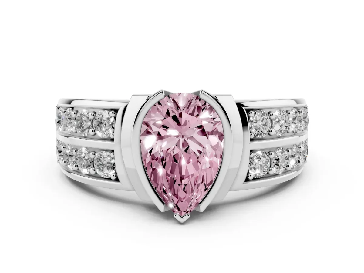 Fancy Pink Pear Cut Brilliant Diamond Channel Set Wide Band Ring with Bezel Setting Platinum