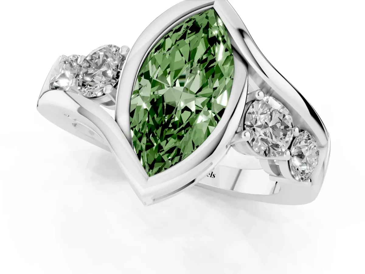 Fancy Green Bezel Set Marquise Cut Diamond Bypass Ring with Round Accents Silver