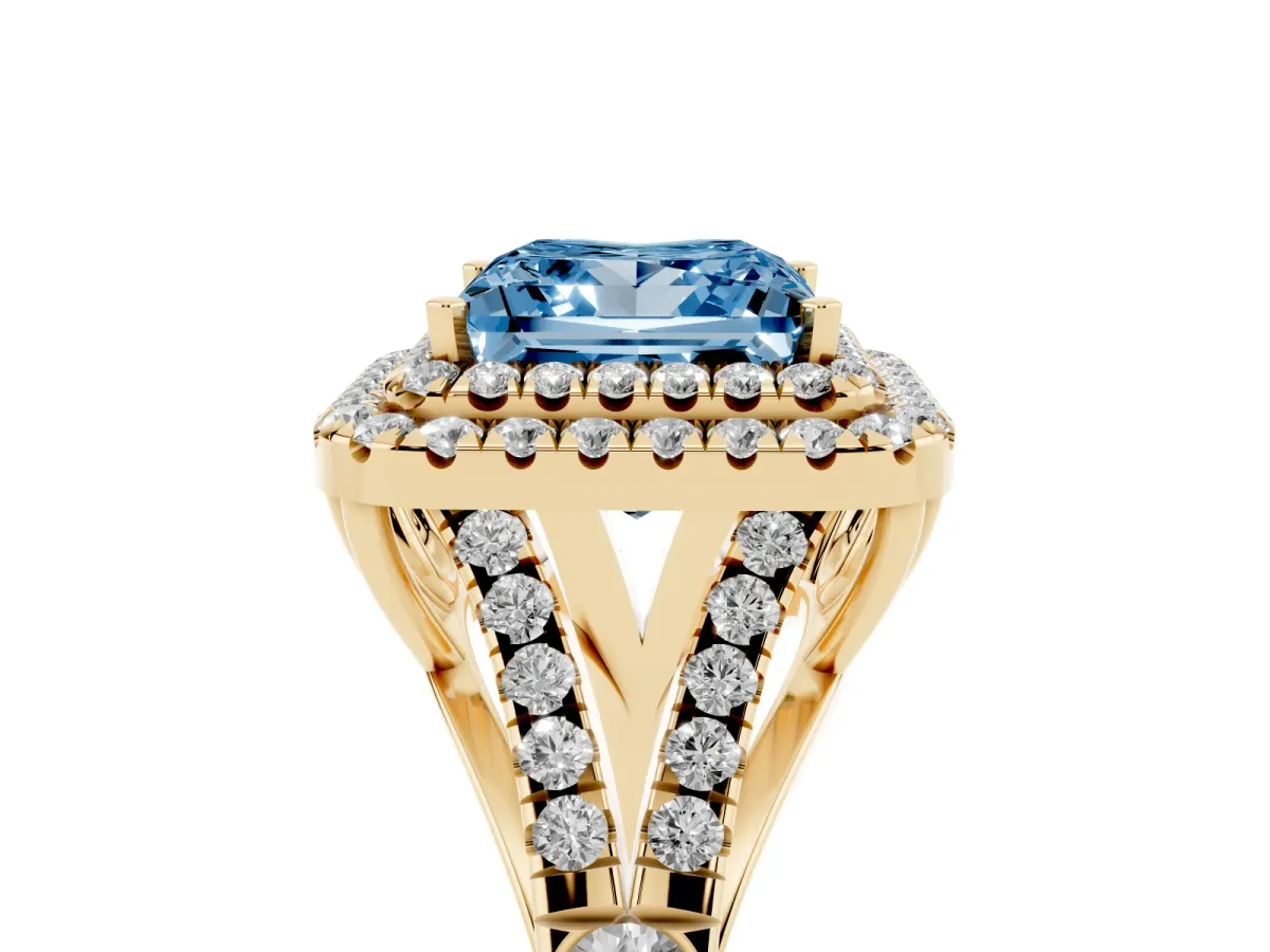 Fancy Blue Princess Cut Cut Double Halo Split Shank Diamond Ring with Prong Setting Yellow gold