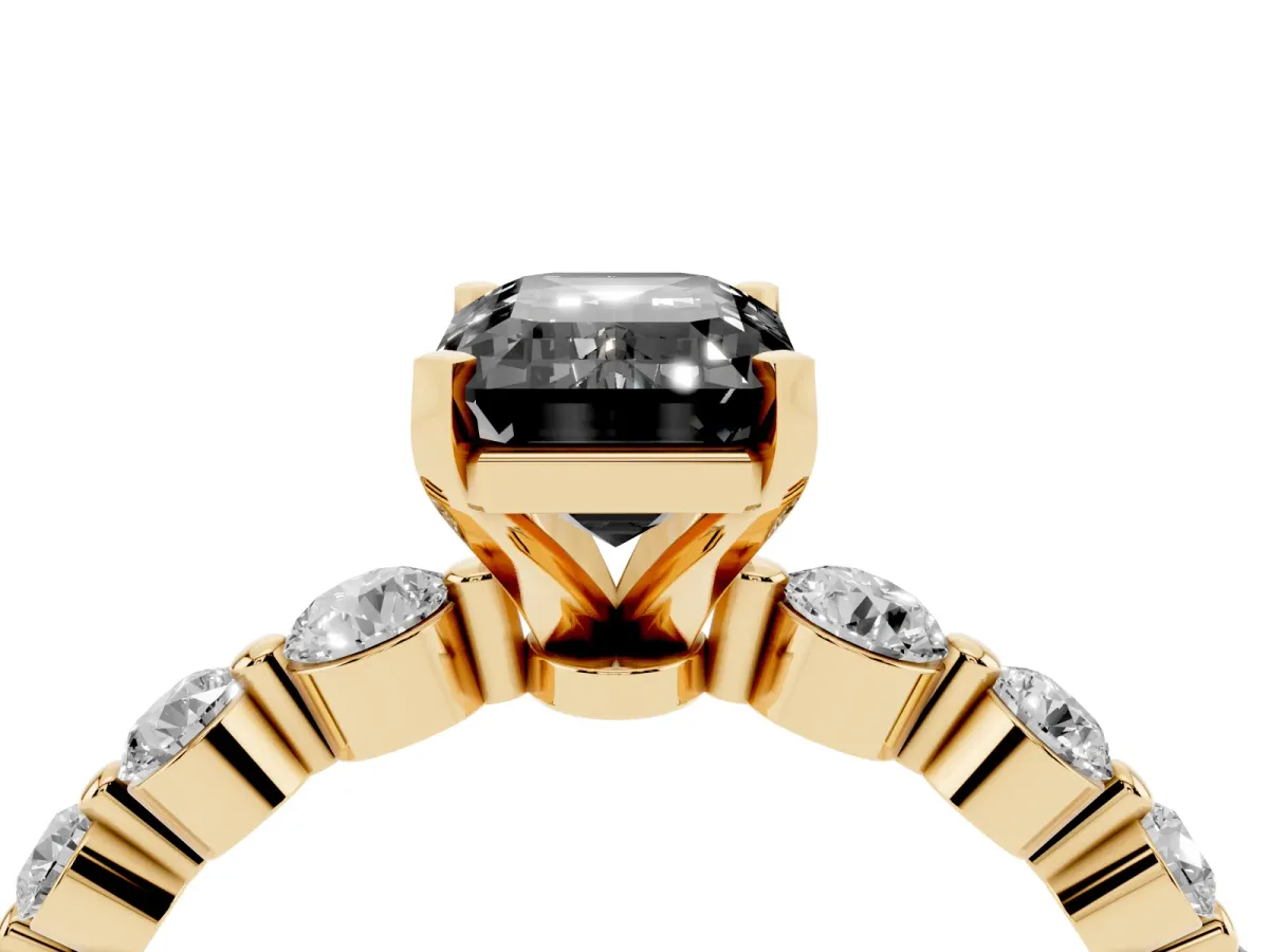 Fancy Black Emerald Cut Solitaire Diamond Ring with Pave Band and Four-Prong Setting Yellow gold
