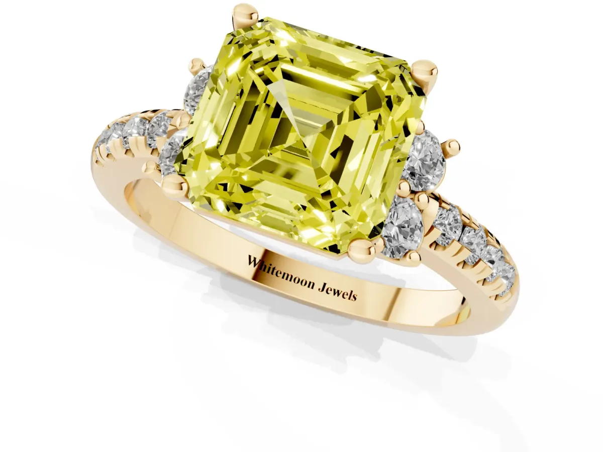 Fancy Yellow Asscher Cut Diamond Three-Stone Pave Band with Four-Prong Setting Yellow gold