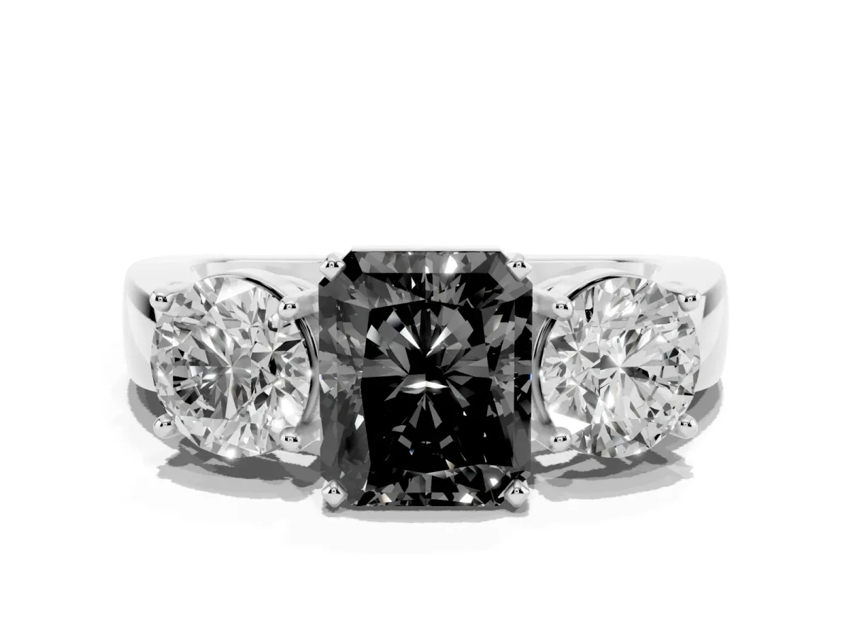Fancy Black Three-Stone Radiant Cut Diamond Ring with Round Side Stones, Classic Band, and Four-Prong Setting Platinum