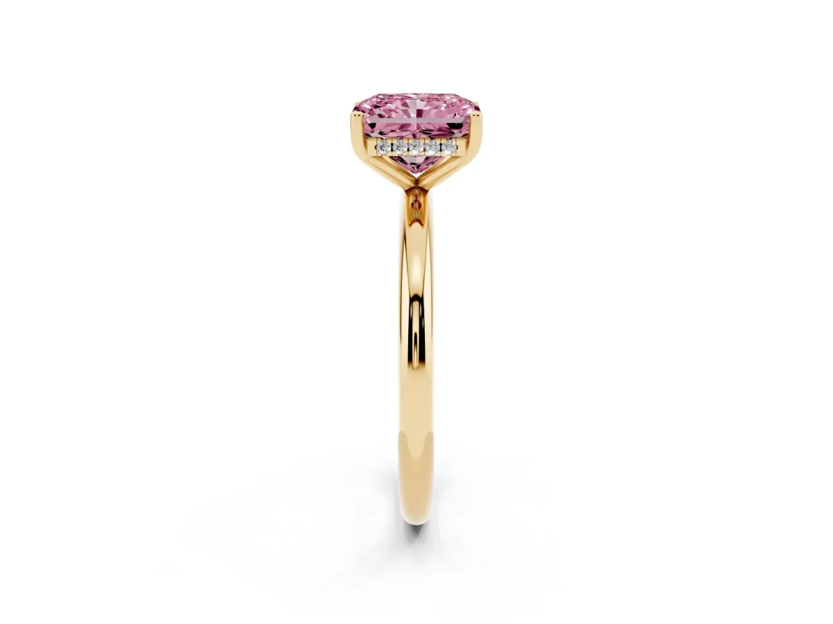 Fancy Pink Radiant Cut Cut Solitaire Engagement Ring with Four-Prong Setting and Classic Band Yellow gold