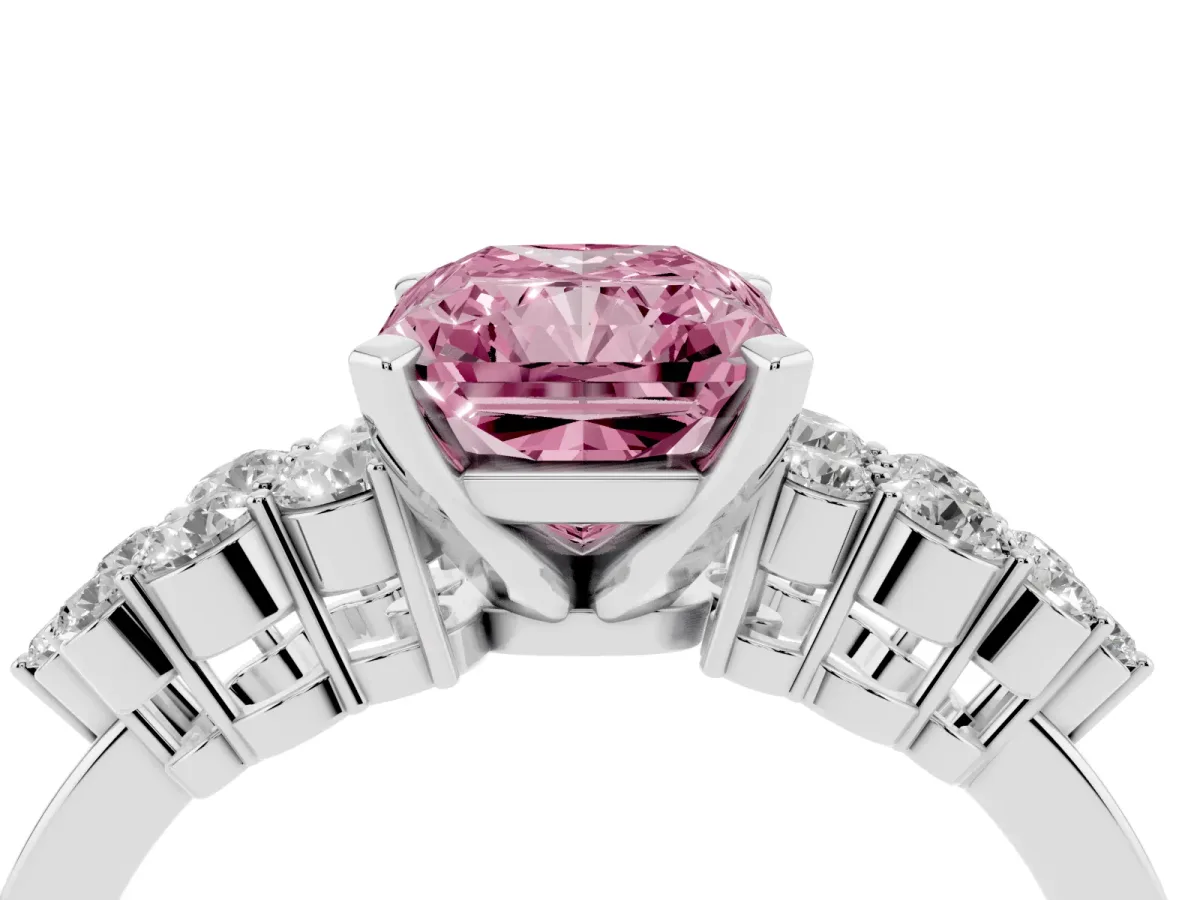 Fancy Pink Radiant Cut Cluster Diamond Engagement Ring with Pavé Band and Four-Prong Setting Silver