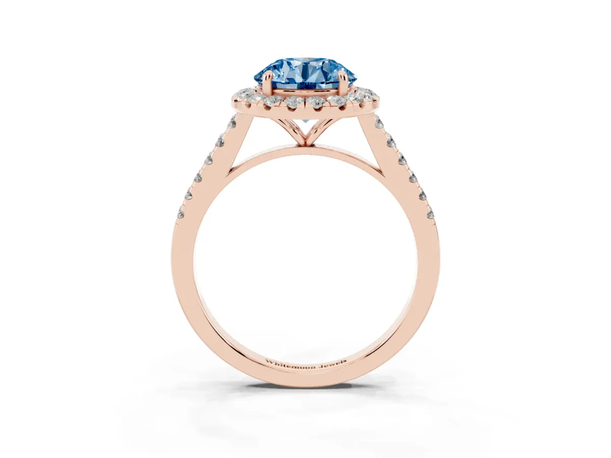 Fancy Blue Round Cut Halo Pave Diamond Engagement Ring with Four-Prong Setting Rose gold