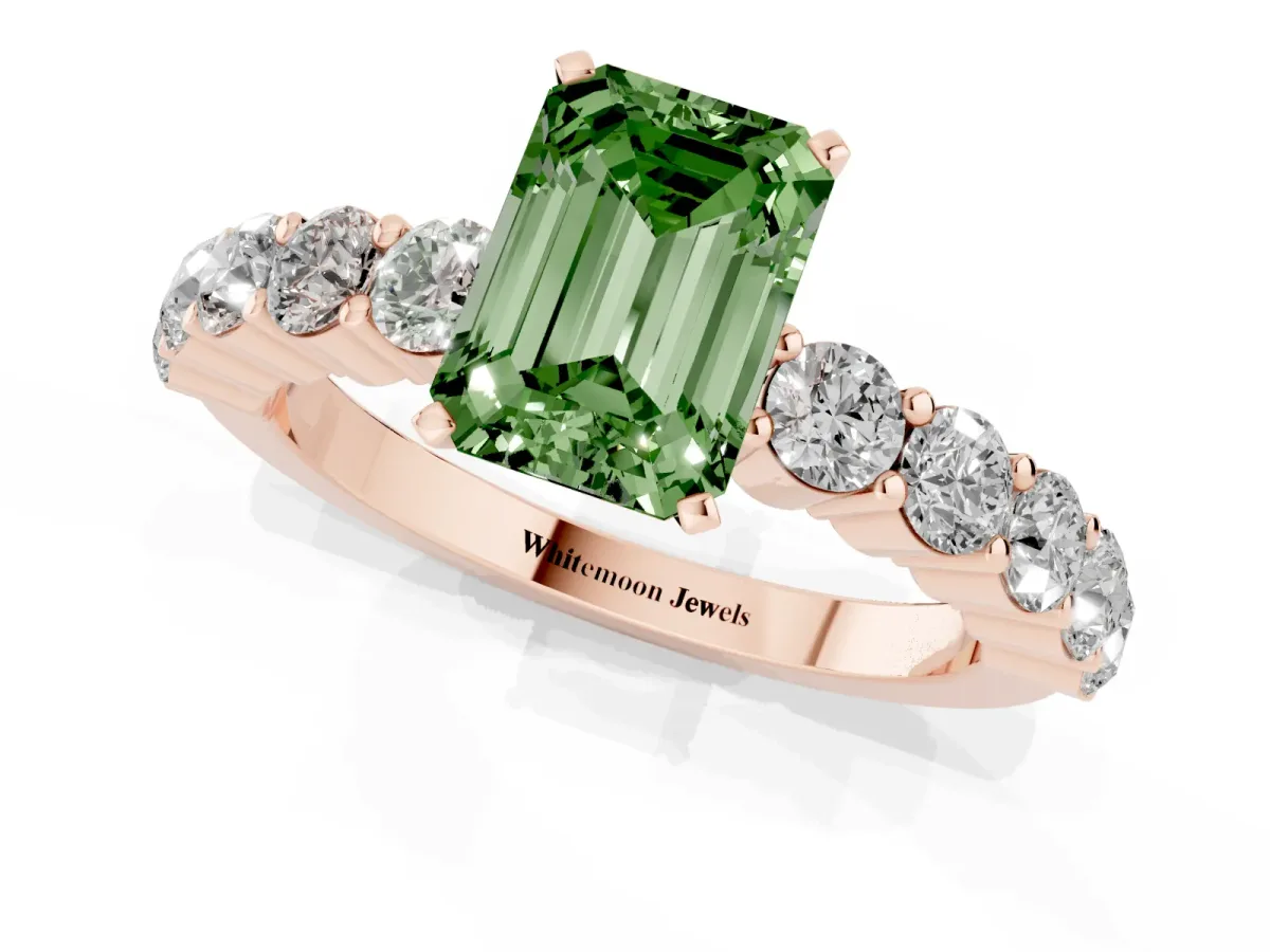 Fancy Green Emerald Cut Diamond Solitaire Ring with Shared Prong Round Side Stones Rose gold
