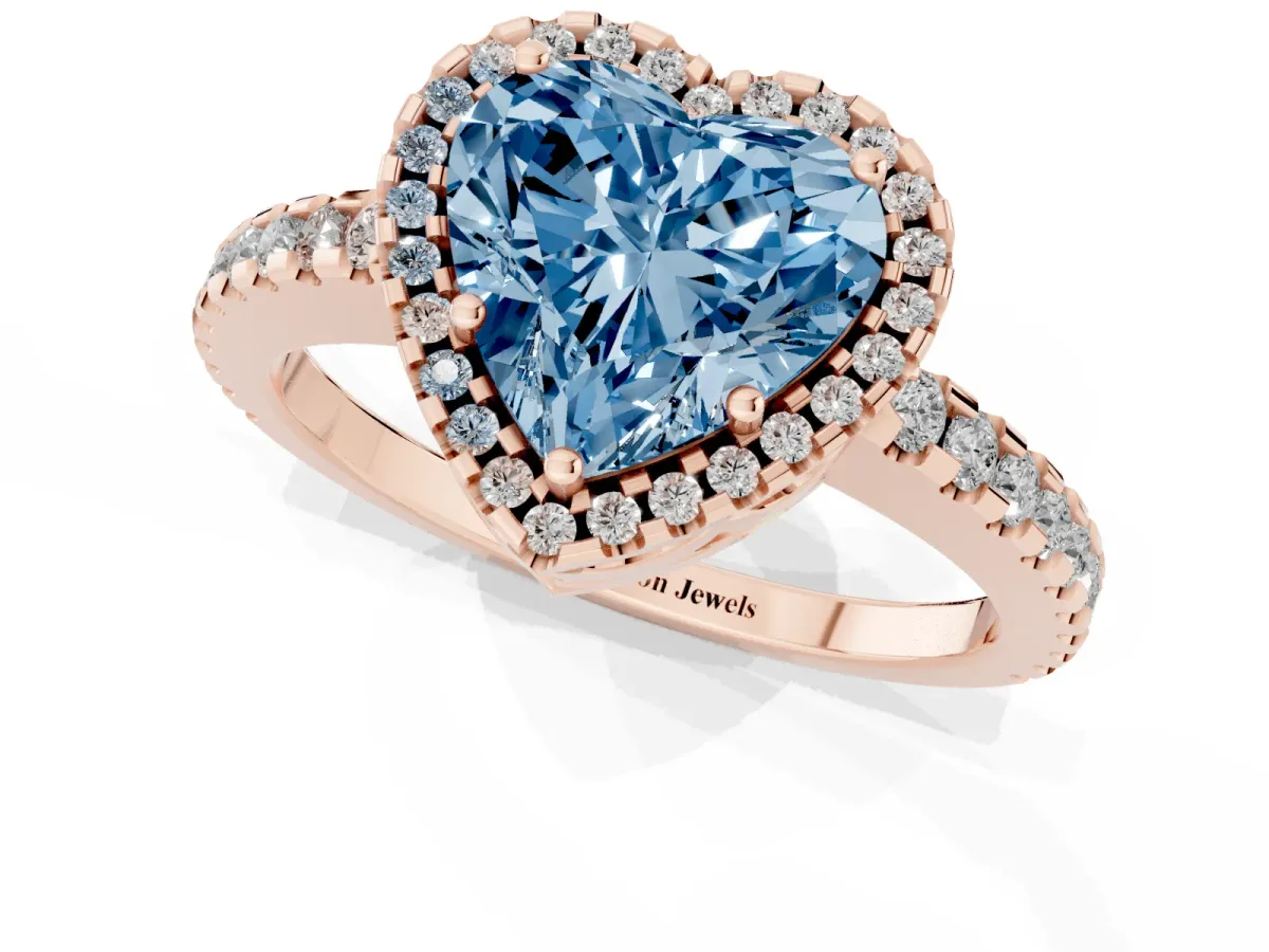 Fancy Blue Heart Cut Diamond Halo Engagement Ring with Pavé Band and Prong Setting Rose gold