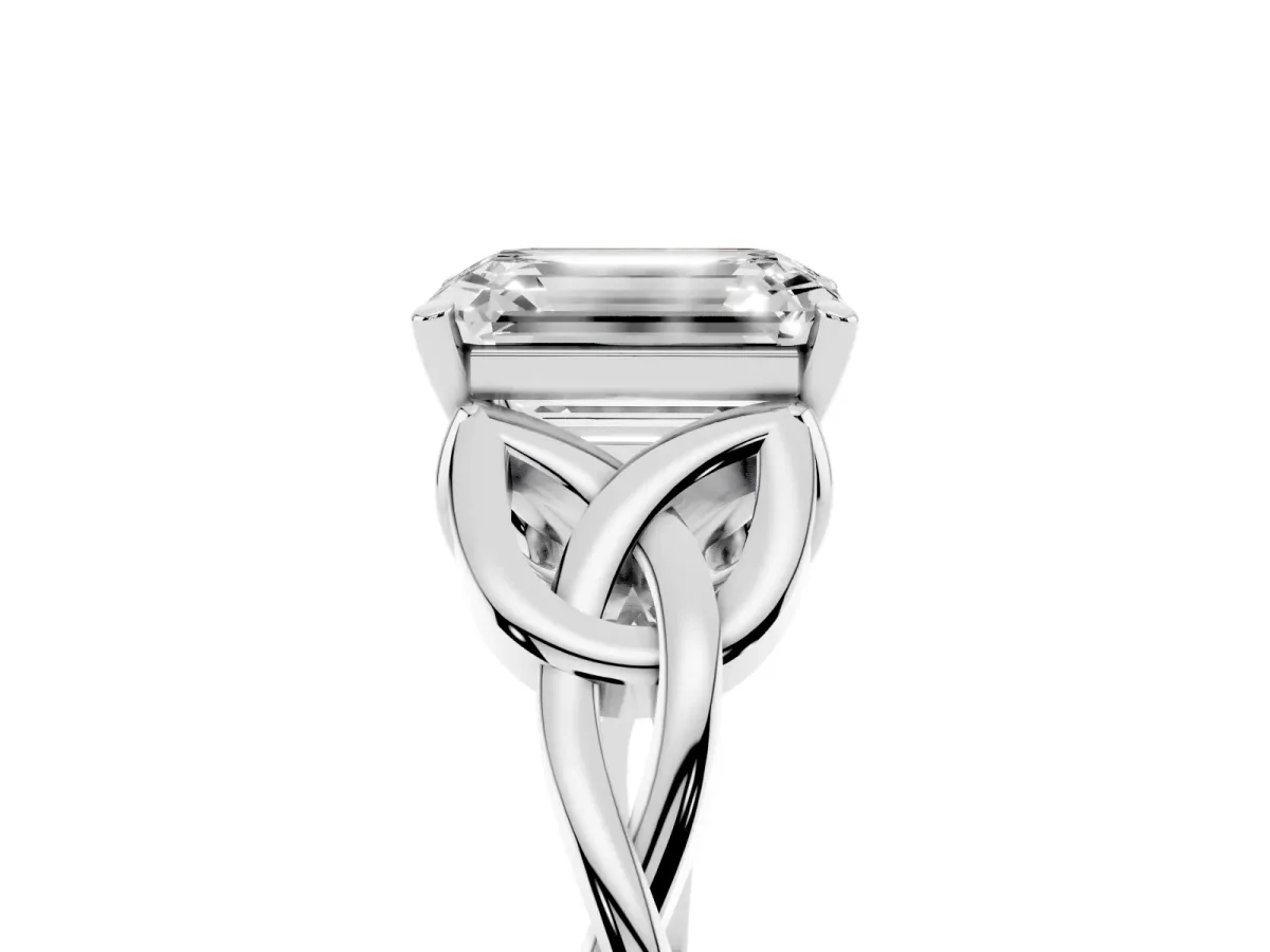 Emerald Cut Diamond Solitaire Engagement Ring with Celtic Knot Band and Four-Prong Setting Silver