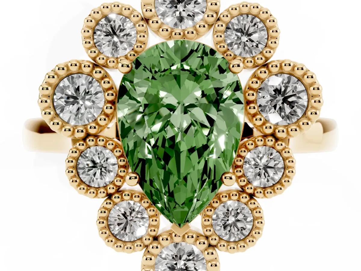 Fancy Green Pear Cut Halo Diamond Cluster Engagement Ring with Milgrain Bezel Setting and Solitaire Band Yellow gold