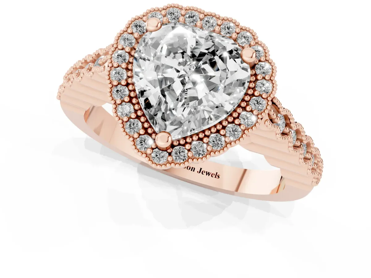Heart Cut Cut Halo Pavé Solitaire Ring with Milgrain Band Rose gold