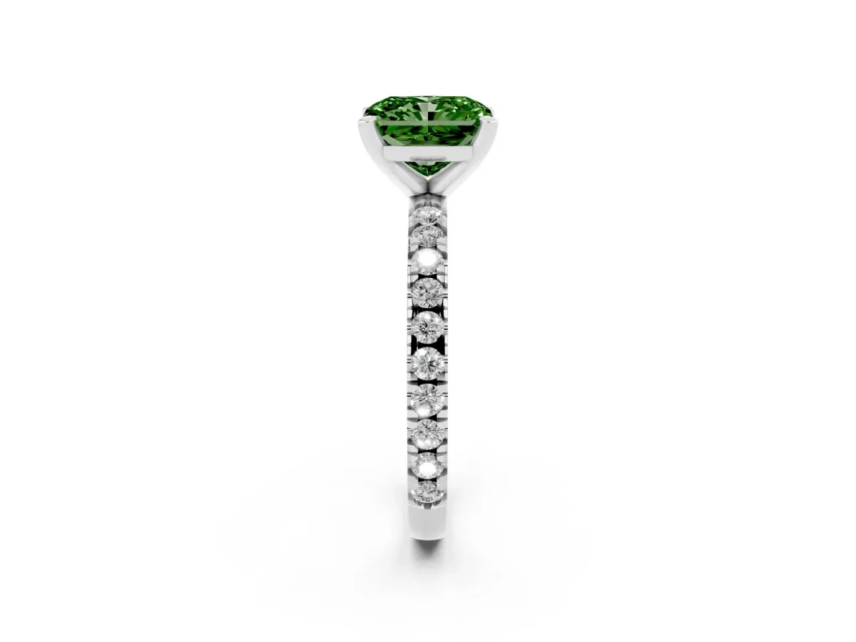 Fancy Green Radiant Cut Diamond Pavé Band Solitaire with Four-Prong Setting Silver