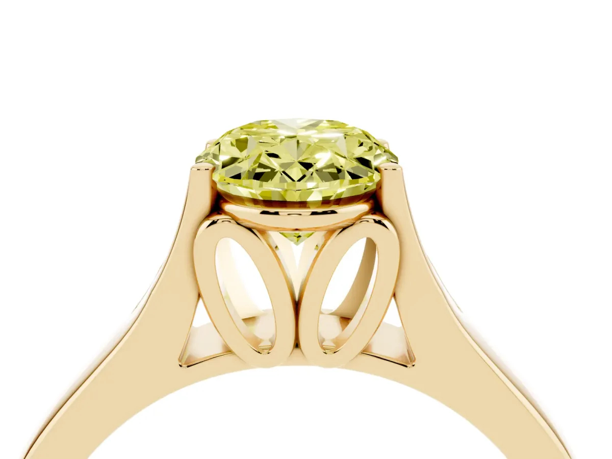 Fancy Yellow Oval Cut Solitaire Diamond Ring with Cathedral Band and Four-Prong Setting Yellow gold