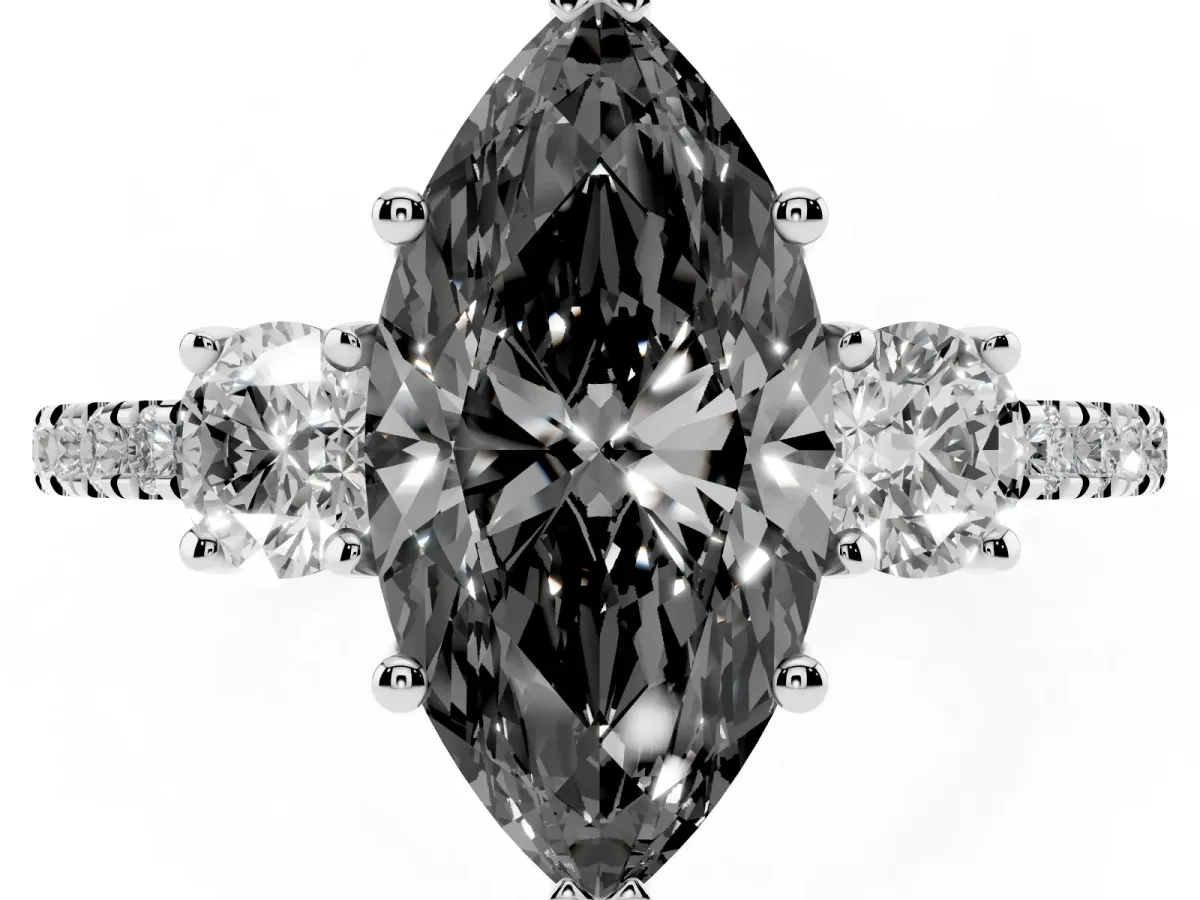 Fancy Black Three-Stone Marquise Cut Cut Diamond Pavé Band with Prong Setting Silver