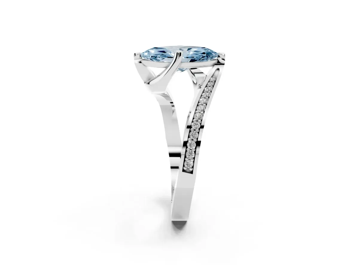 Fancy Blue Marquise Cut Solitaire Diamond Twist Band with Pavé Setting and Four-Prong Setting Silver