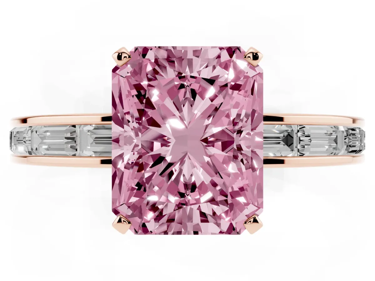 Fancy Pink Radiant Cut Solitaire Diamond Ring with Channel-Set Baguette Band and Four-Prong Setting Rose gold