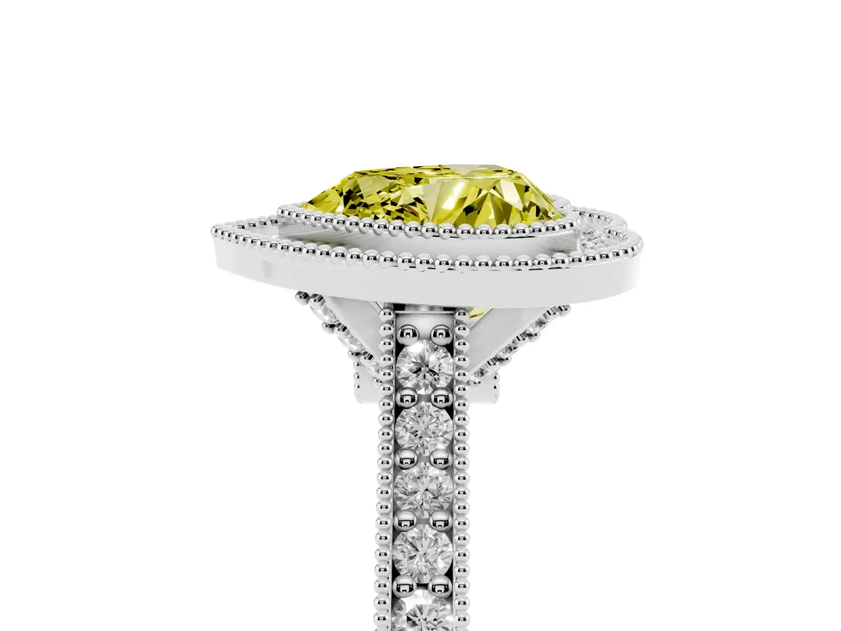 Fancy Yellow Halo Heart Cut-Cut Diamond Pave Band Milgrain Prong Setting Ring Silver