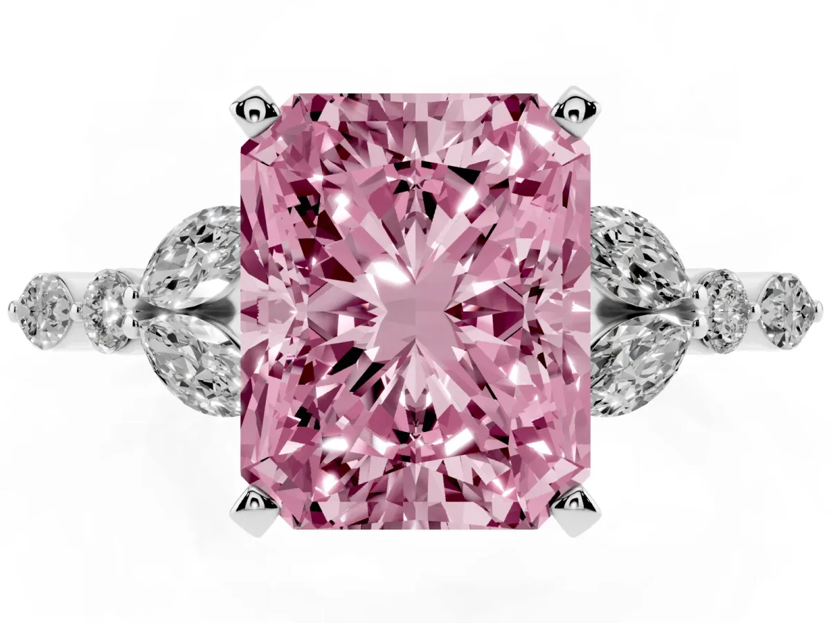 Fancy Pink Radiant Cut Diamond Solitaire Ring with Side Stones and Four-Prong Setting Silver