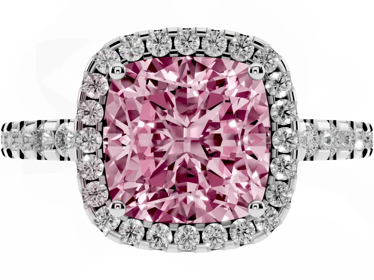 Fancy Pink Cushion Cut Diamond Halo Engagement Ring with Pavé Band and Prong Setting Silver