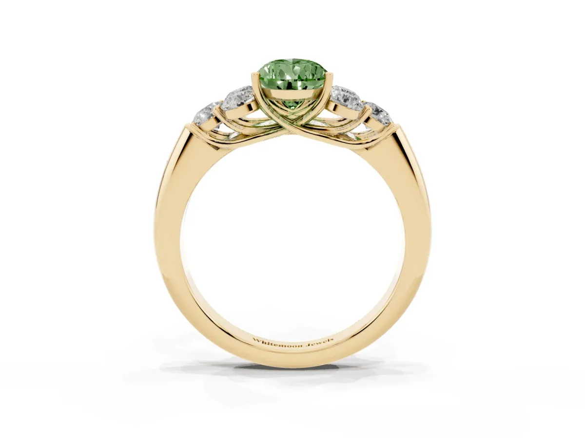 Fancy Green Pear Cut Cut Diamond Cluster Ring with Round Accent Stones and Prong Setting on a Classic Band Yellow gold