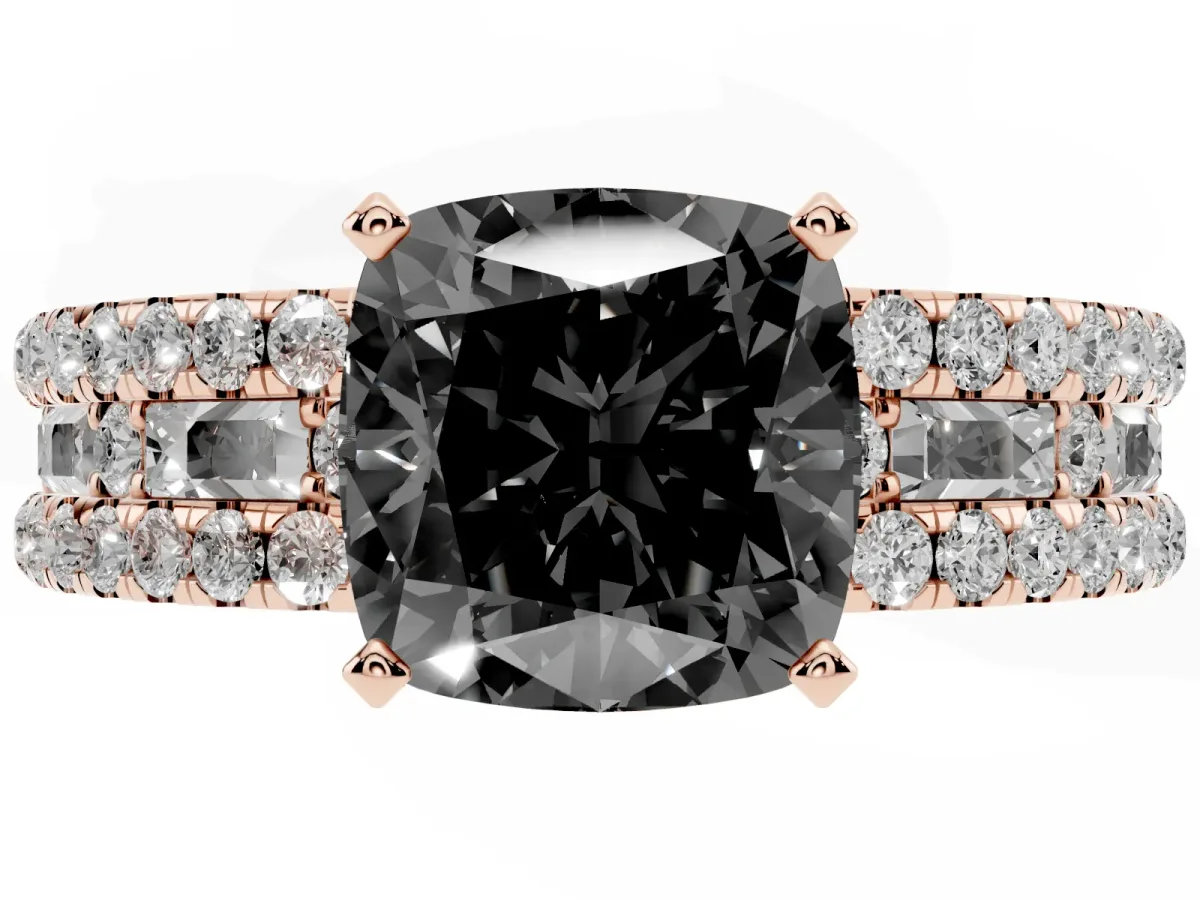 Fancy Black Cushion Cut Diamond Solitaire Ring with Pavé and Channel Set Band Rose gold