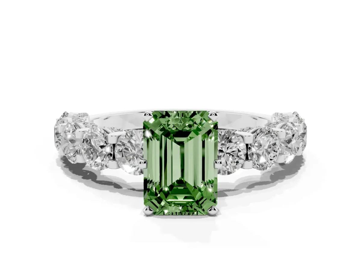 Fancy Green Emerald Cut Diamond Side Stone Engagement Ring with Four-Prong Setting Silver