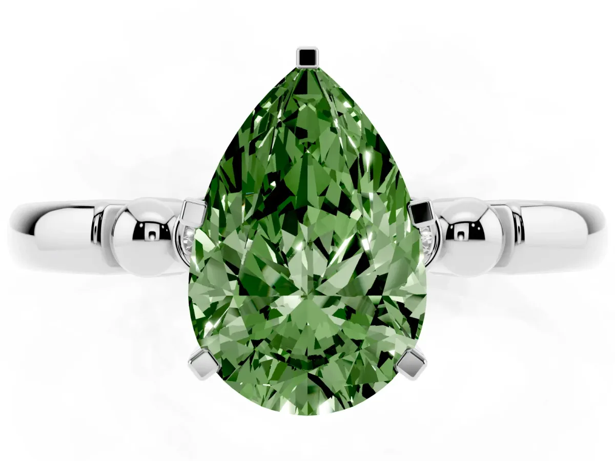 Fancy Green Pear Cut Solitaire Beaded Band with Four-Prong Setting Silver