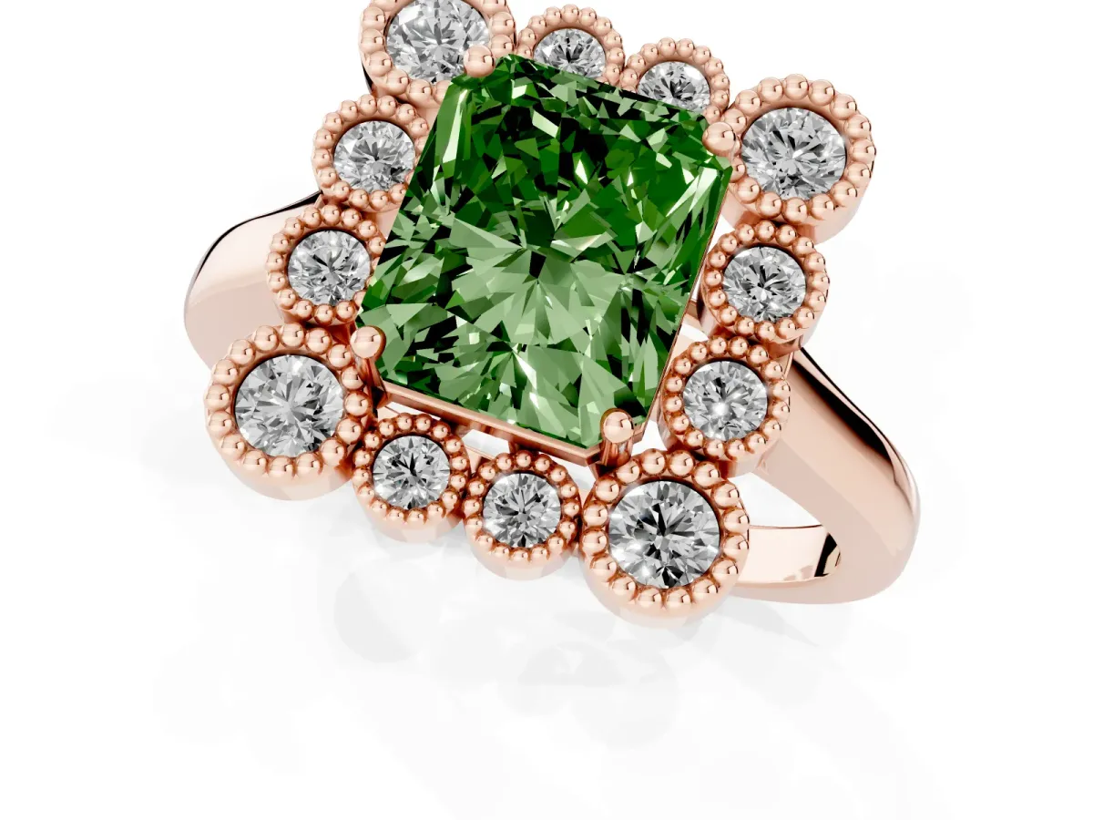 Fancy Green Radiant Cut Halo Diamond Cluster Engagement Ring with Milgrain Bezel Setting and Solitaire Band Rose gold