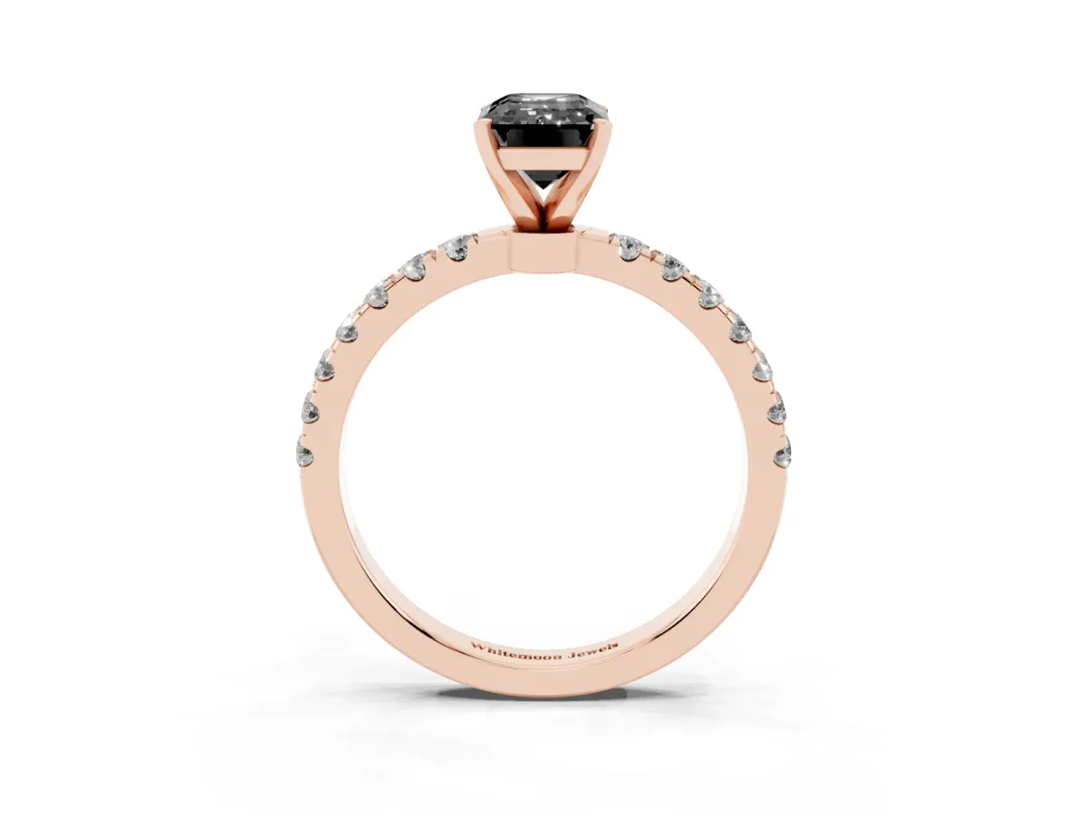Fancy Black Emerald Cut Diamond Solitaire Ring with Pavé Accents and Four-Prong Setting Rose gold