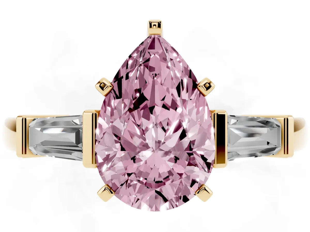 Fancy Pink Pear Cut Cut Diamond Solitaire Ring with Tapered Baguette Accents and Four-Prong Setting Yellow gold