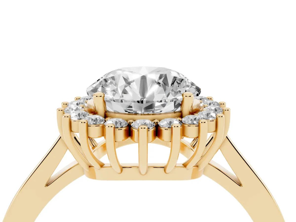 Round Cut Cut Diamond Halo Ring with Round Brilliant Halo and Solitaire Band Yellow gold