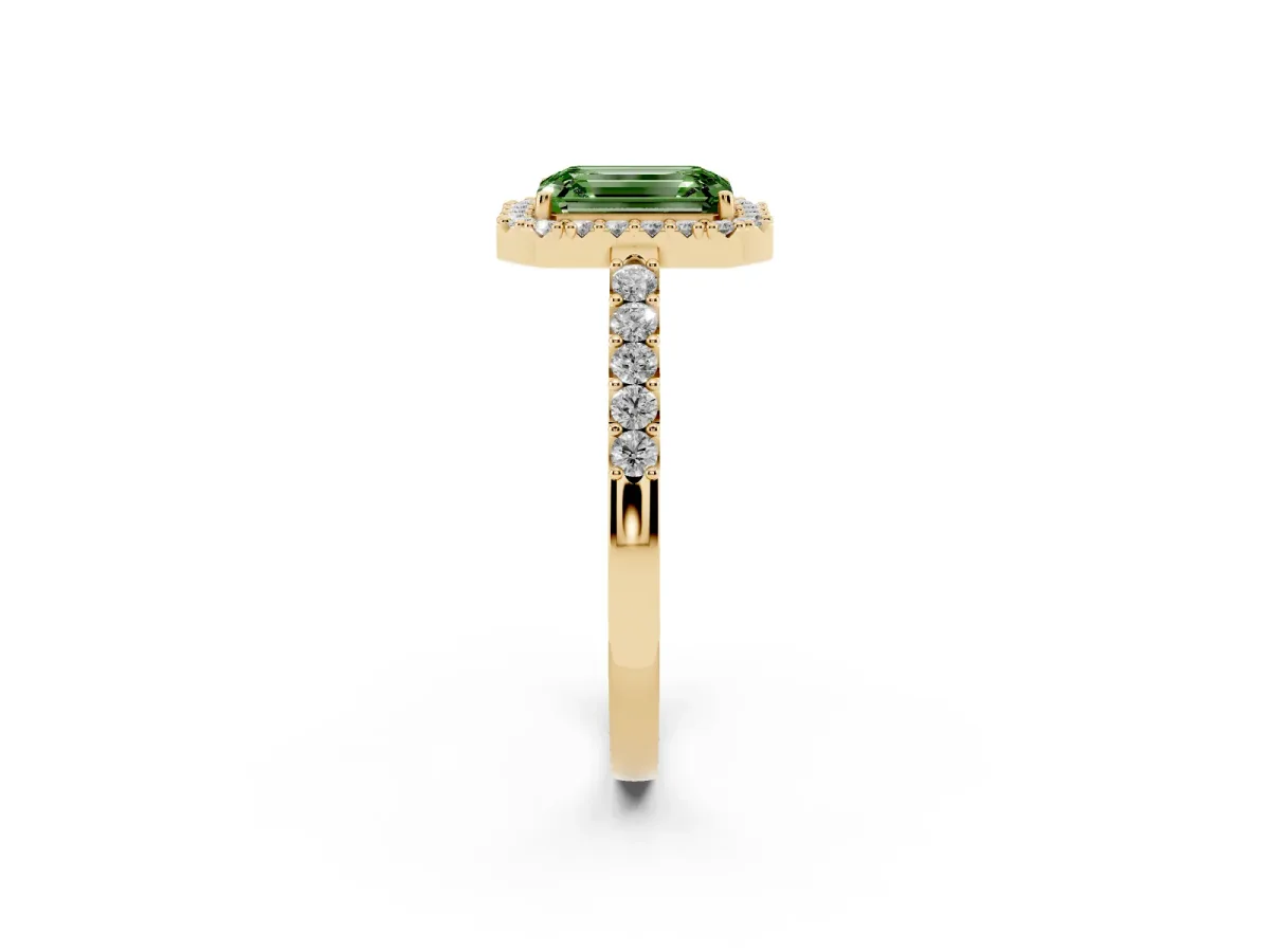 Fancy Green Emerald Cut Halo Diamond Pavé Solitaire Ring Yellow gold