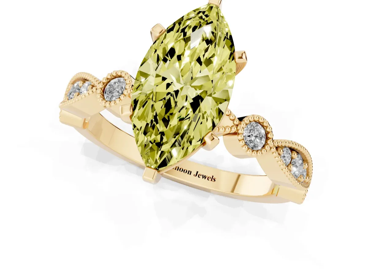 Fancy Yellow Marquise Cut Milgrain Bezel Diamond Engagement Ring with Solitaire Prong Setting Yellow gold