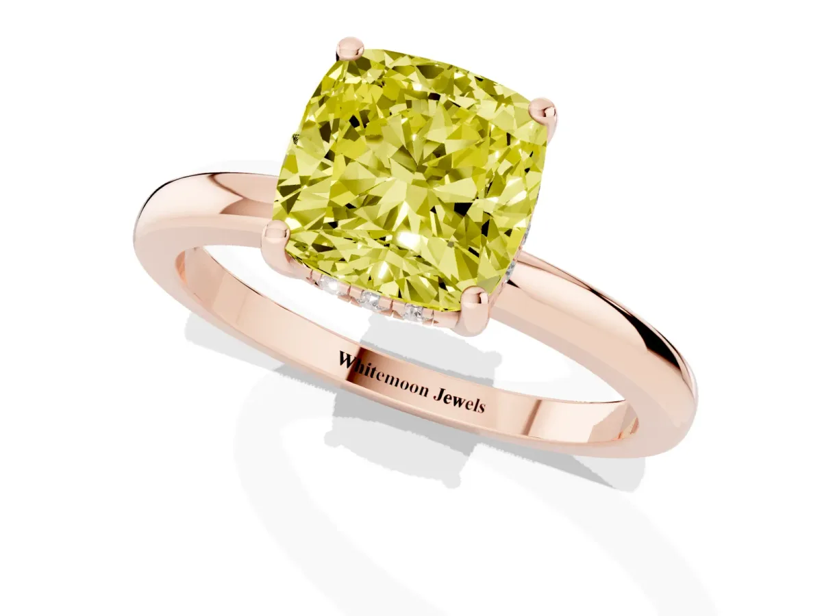 Fancy Yellow Cushion Cut Solitaire Diamond Ring with Prong Setting and Plain Band Rose gold