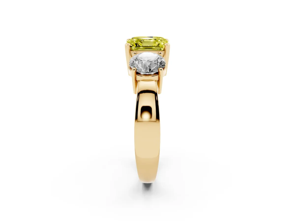 Fancy Yellow Three-Stone Asscher Cut Diamond Ring with Round Side Stones, Classic Band, and Four-Prong Setting Yellow gold