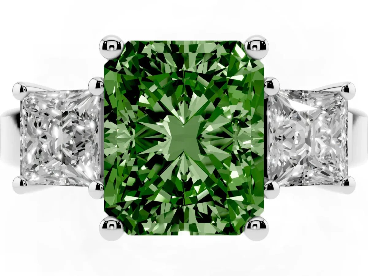 Fancy Green Three-Stone Radiant Cut Cut Solitaire Ring with Prong Setting Silver
